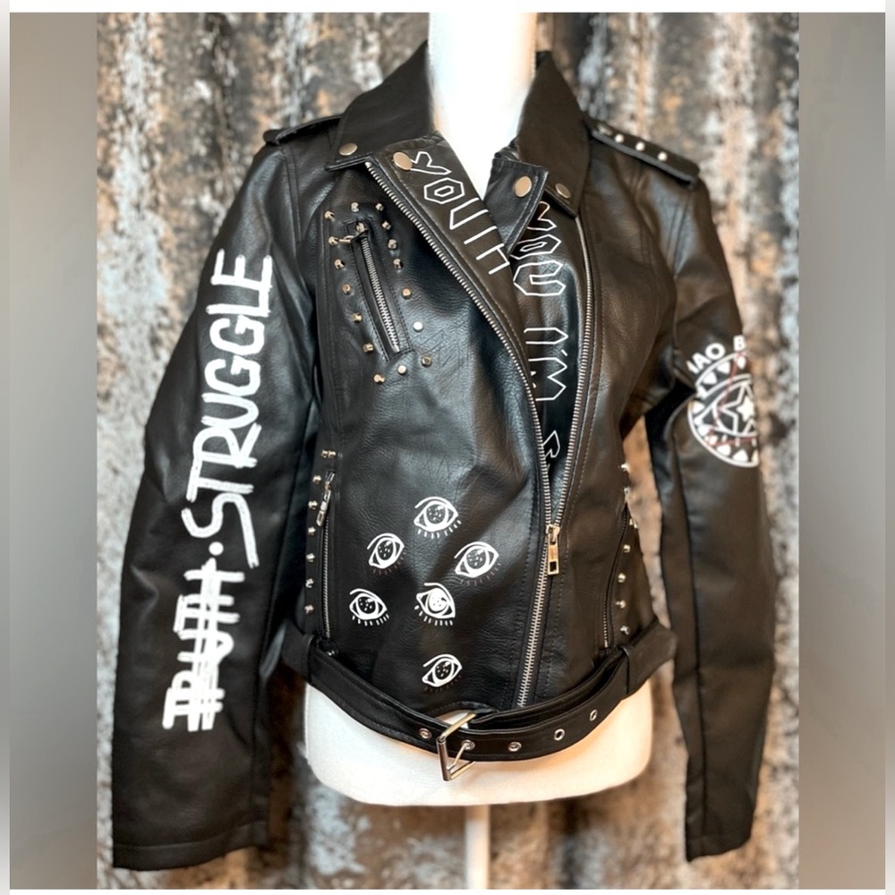 GRAFFITI BLK FAUX LEATHER “DARE YOU” JACKET/ BRAND NEW NO TAGS / SZ LARGE
